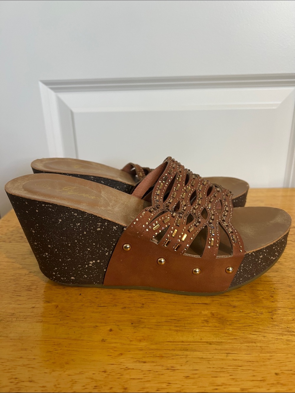 Women’s Brown Studded Wedge Sandals - Picture 3 of 5
